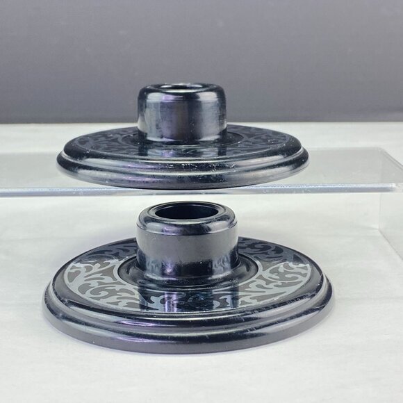 Vintage Compo-Site Black Silver Tone Scroll Design Taper Candle Holders - Picture 6 of 11
